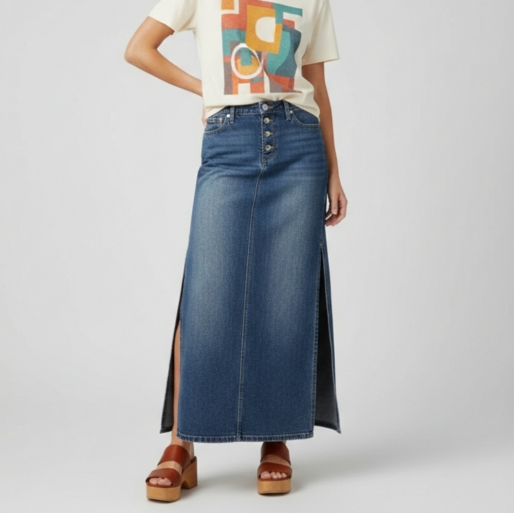 Vintage Denim Maxi Skirt Size 13 Low Rise Button Fly Sexy Side Slits Squeeze